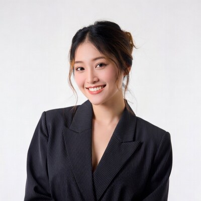 Asian woman smiling in pinstripe blazer