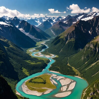 Turquoise River in Snowy Mountain Valley