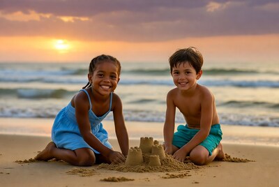 African-American girl and boy building sandcastle