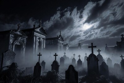 Spooky Cemetery Under Full Moon