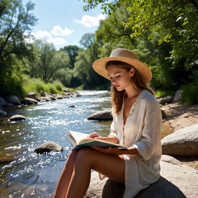 Woman reading book by river