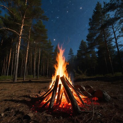 Campfire in pine forest at night