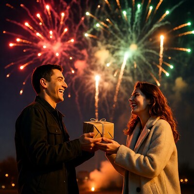 Couple exchanging gift under fireworks