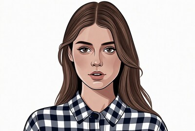 Woman with long brown hair in plaid shirt