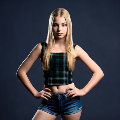 Blonde girl in plaid top and denim shorts