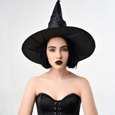 Woman in black witch hat and corset