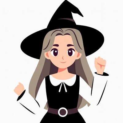 Cartoon witch girl raising fists