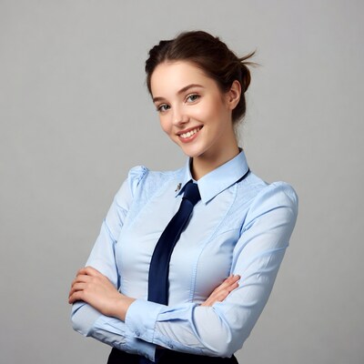 Smiling woman in blue shirt and tie