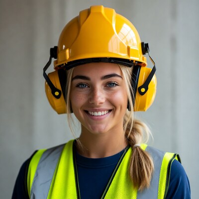Smiling woman in yellow hard hat
