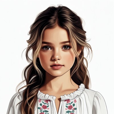 Girl with wavy hair in embroidered blouse