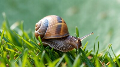 Snail crawling on green grass
