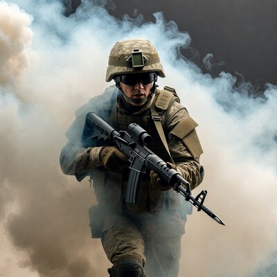 Soldier aiming rifle in smoke