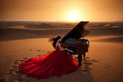 Woman playing piano in desert sunset