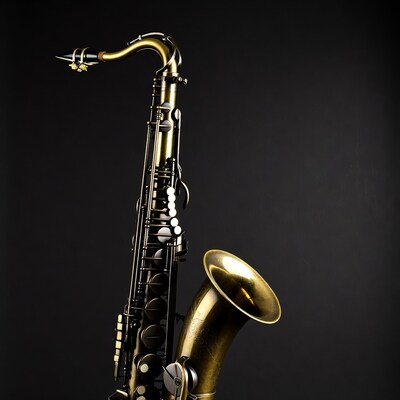 Golden saxophone on black background