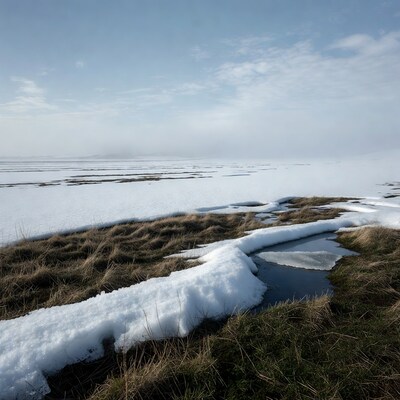 Snowy Marsh with Stream and Grasses