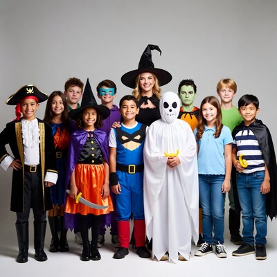 Kids and woman in Halloween costumes
