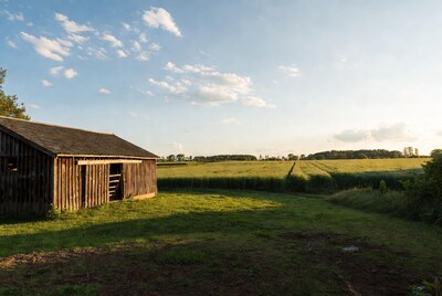 Old wooden barn in green field