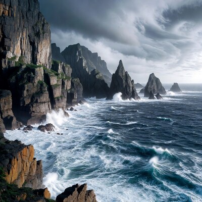 Stormy Sea Crashing Against Jagged Cliffs
