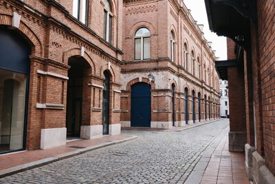 Brick Buildings on Cobblestone Street