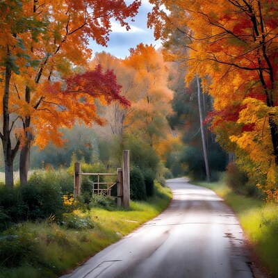 Autumn road with wooden gate