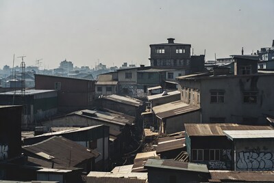 Aerial view of urban slum rooftops