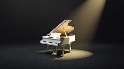 White grand piano in spotlight