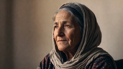 Elderly woman in gray headscarf