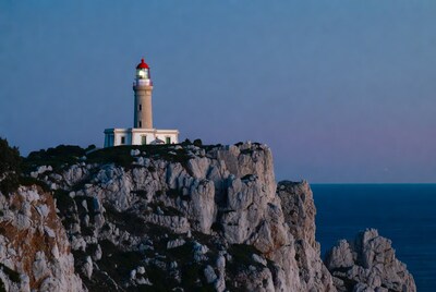 Lighthouse on rocky cliff by sea