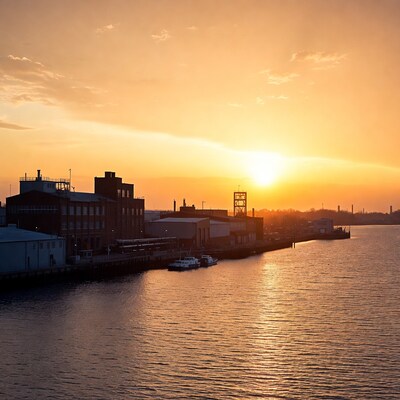 Industrial Harbor Sunset Over River