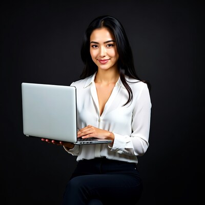 Asian woman holding laptop