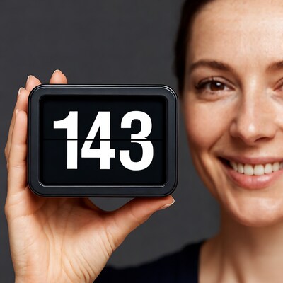 Woman holding flip clock showing 1433