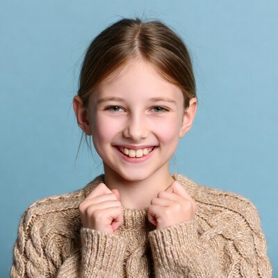 Smiling girl in sweater on blue background