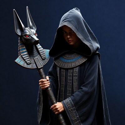 Girl holding Anubis staff in hooded robe