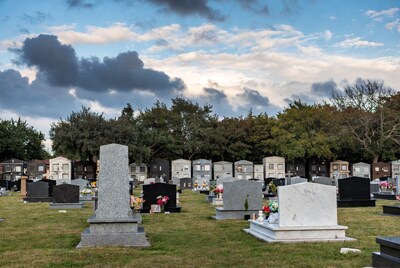 Cemetery with gravestones and mausoleums