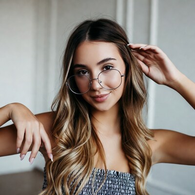 Young woman in glasses with hands framing face