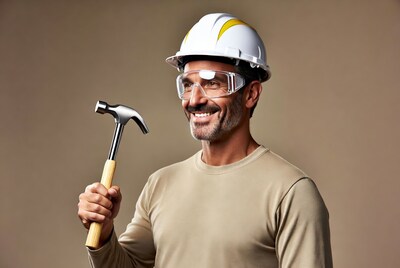 Man holding hammer in hard hat