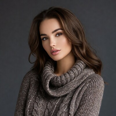Woman in gray turtleneck sweater