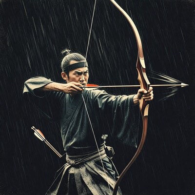 Samurai man shooting bow in rain