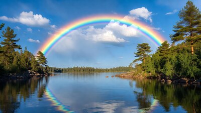 Rainbow over lake with pine trees