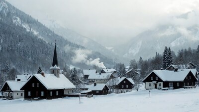 Snowy Alpine Village with Church