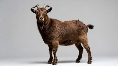 Brown goat standing on white background