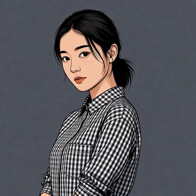Asian woman in checkered shirt