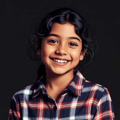 Smiling Asian girl in plaid shirt