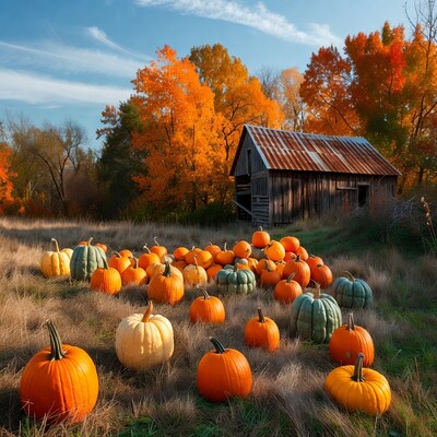 Pumpkins in field by barn and fall trees