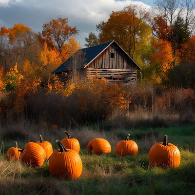 Pumpkins in grass with autumn barn