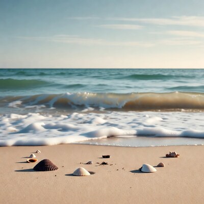 Seashells on beach with ocean waves