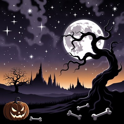 Halloween Pumpkin Under Moonlit Tree