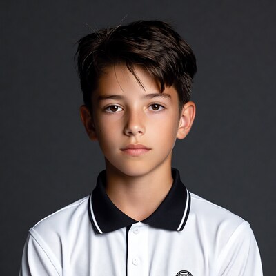Young boy in white polo shirt
