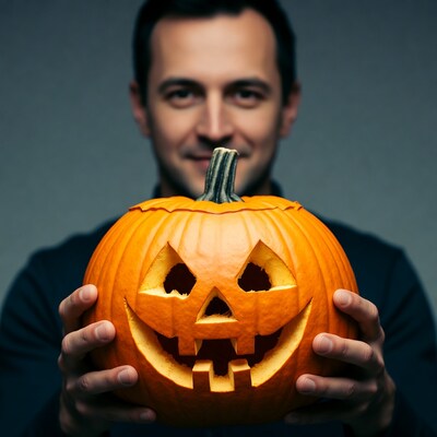 Man holding jack-o-lantern pumpkin