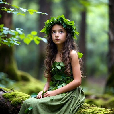 Girl in leaf dress sitting in forest
